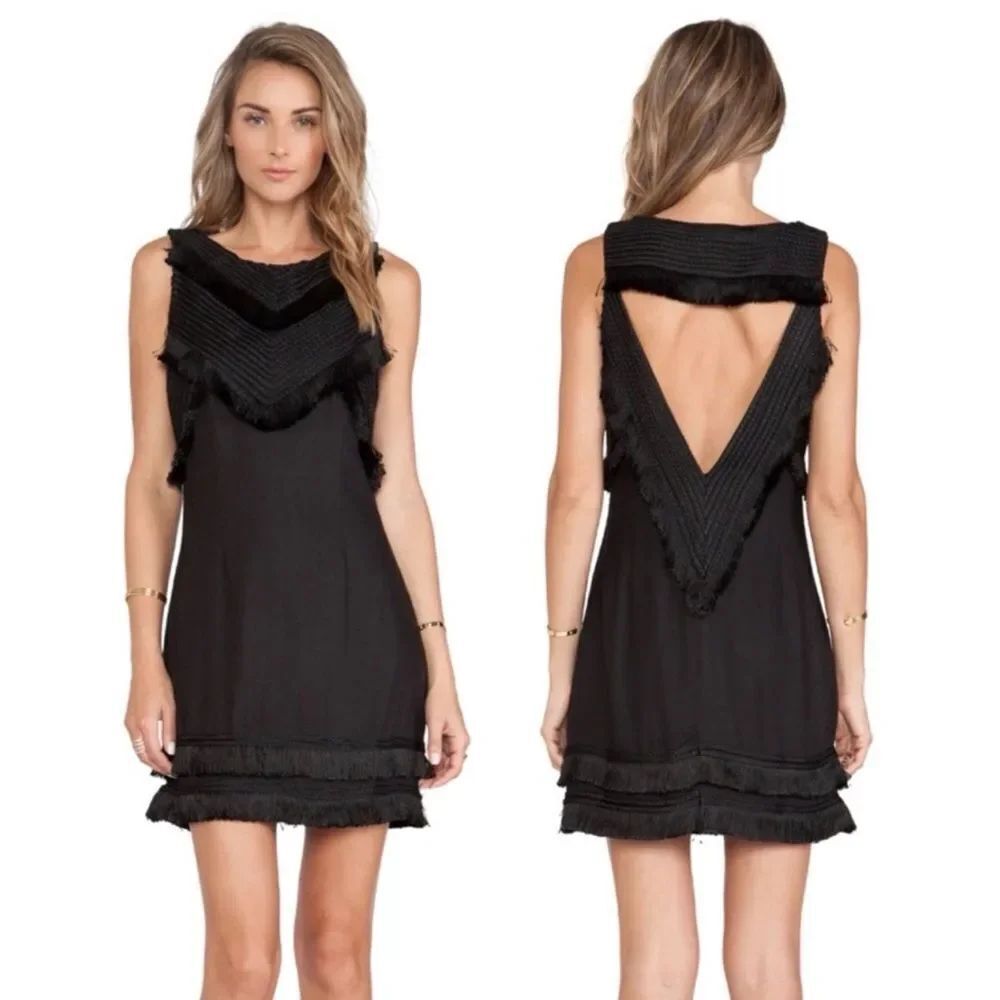 Vintage Mara Hoffman Mini Dress Women's 2 Black Fringe Open Back Revolve